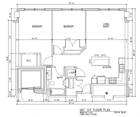 Floor plan for 2 beds, 1 bath, 966 sqft